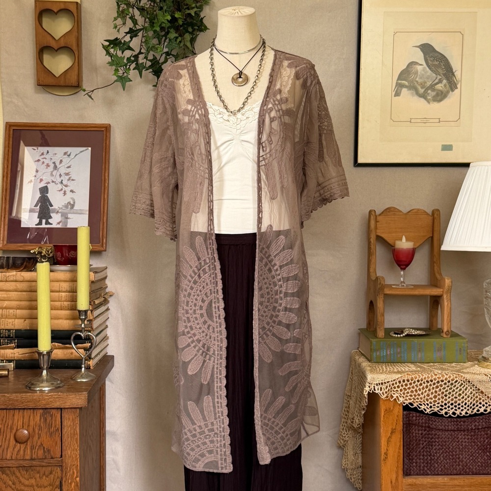 Tan Lace Mesh Longline Kimono Cardigan Boho Vintage Large Indie Sleaze Layering